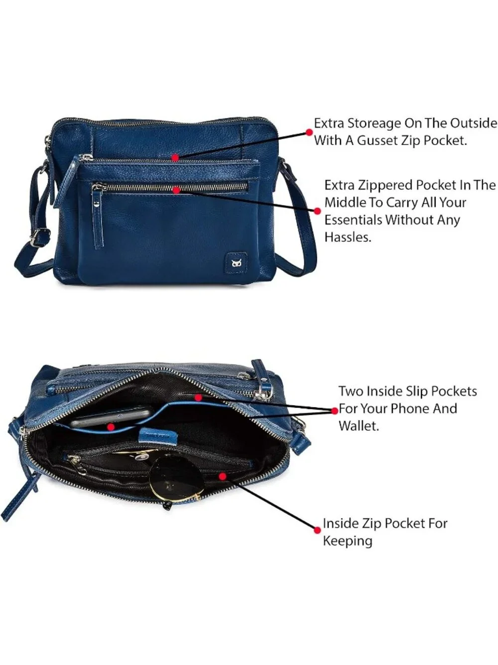 Women's Blue Genuine Leather Sling Purse with Adjustable Strap Crossbody bags